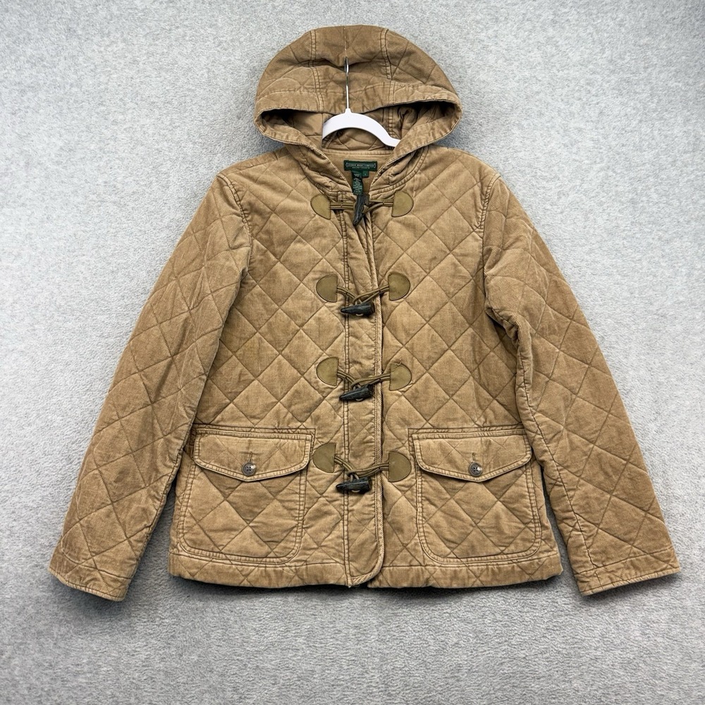 Ralph Lauren Quilted Duffle Jacket Women Corduroy Leather Toggle Hood Tan  Y2k